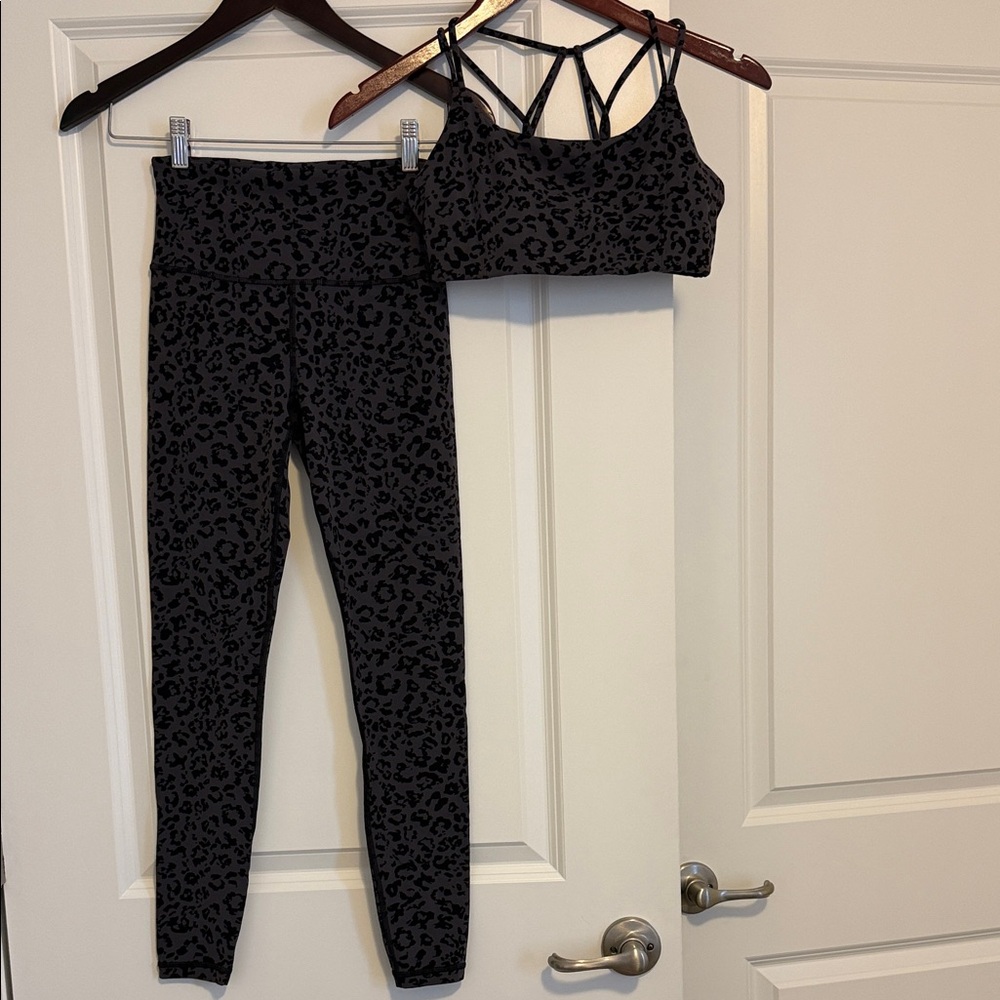 Athleta Black Leopard Print Leggings and Bra Set